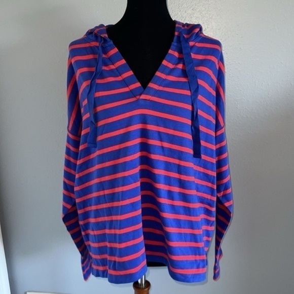 NWOT Gap lightweight v-neck striped cotton hoodie XL cropped red blue - Picture 9 of 9